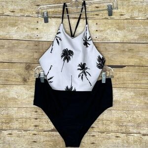 SHEIN HIGH WAIST HALTER NECK COASTAL BEACH RESORT SWIMSUIT PALM TREE PRINT LARGE